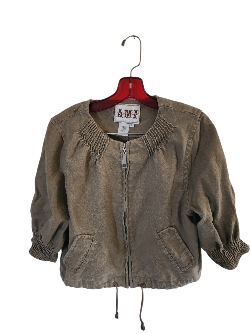 AMI Women's 100% Linen Zip Up Cropped Jacket Tan Khaki Size L Runched Style
